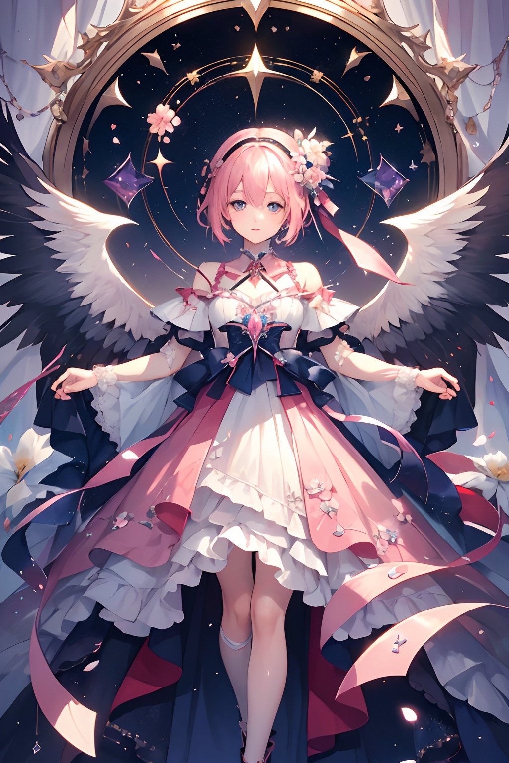 qztarot, kinomoto sakura, wings, flower, star \(symbol\), white wings, 1girl, solo, ribbon, pink flower, english text, feathered wings, Tarot card
