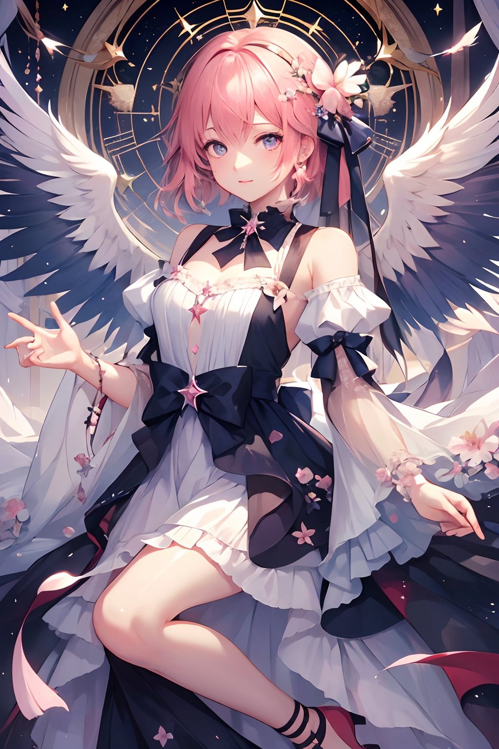 qztarot, kinomoto sakura, wings, flower, star \(symbol\), white wings, 1girl, solo, ribbon, pink flower, english text, feathered wings, Tarot card