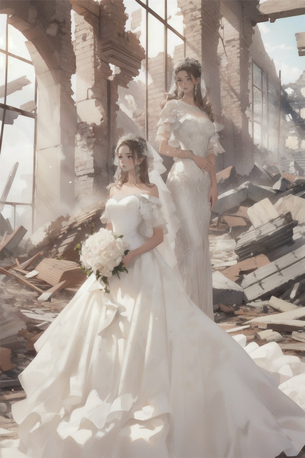 1girl,long hair,huge filesize,wedding_dress,<lora:婚纱:0.8>,day,medium_shot,(rubble_ruins:1.2),