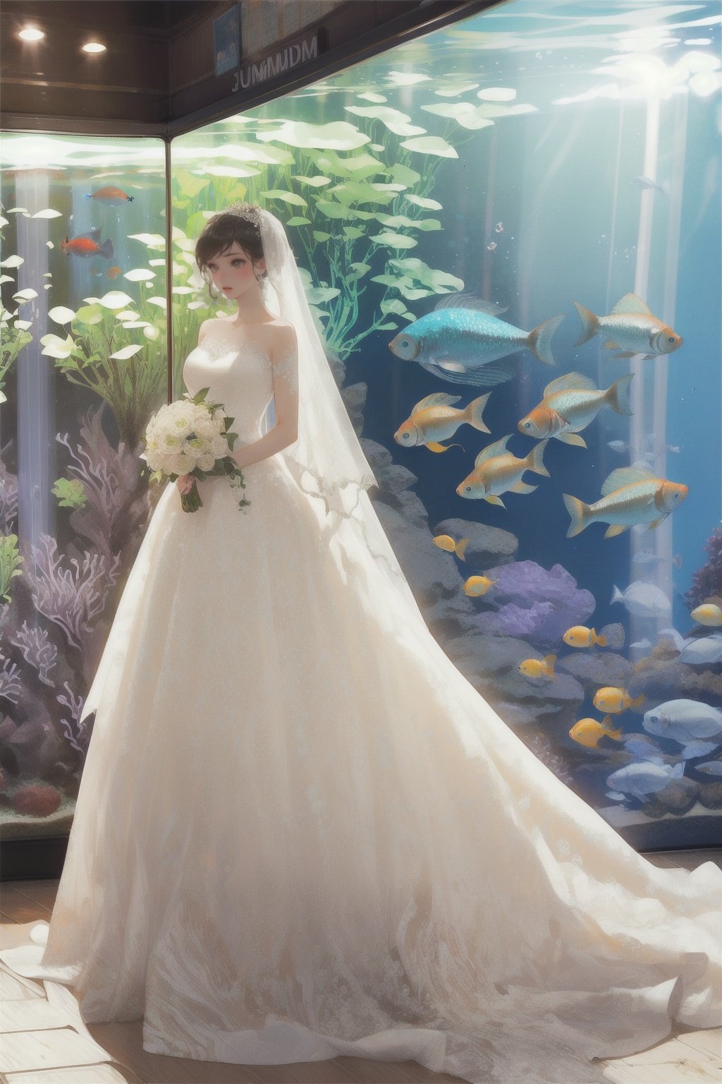 1girl,long hair,huge filesize,wedding_dress,<lora:婚纱:0.8>,day,medium_shot,(aquarium:1.5),