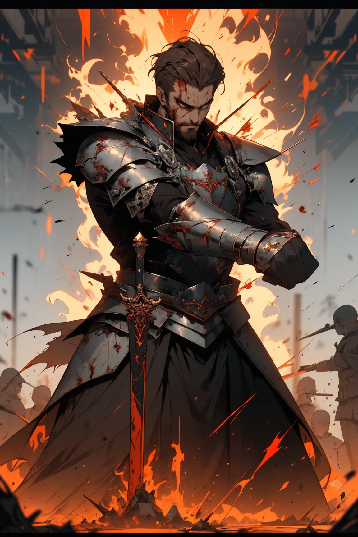 (masterpiece, best quality, highres:1.3), ultra resolution image, (1guy), male, (solo), sketch, A savage warrior lets out a battle cry amidst a backdrop of the battlefield. Blood adorns him, and he bears wounds. He wears barbaric armor and is a skilled martial artist. r1ge, His hand is reaching out the frame