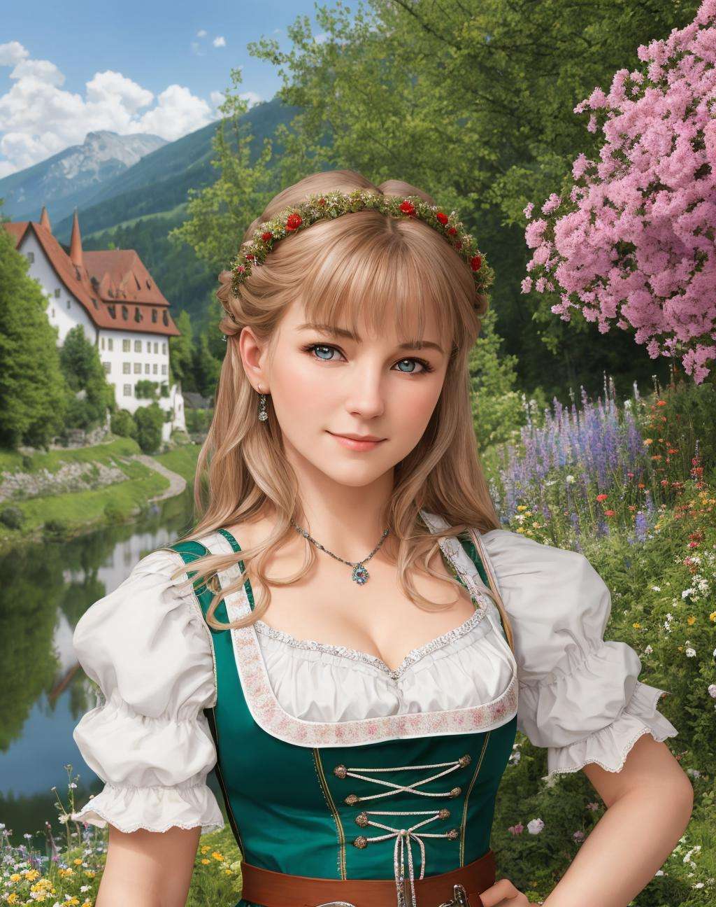 Masterpiece, absurdres, fine detail, HDR, highly detailed face and eyes, photorealistic,  <lora:drindl:0.75>, drindl, a woman in traditional bavarian dress poses with her hands behind her back ,german woman, wearing drindl