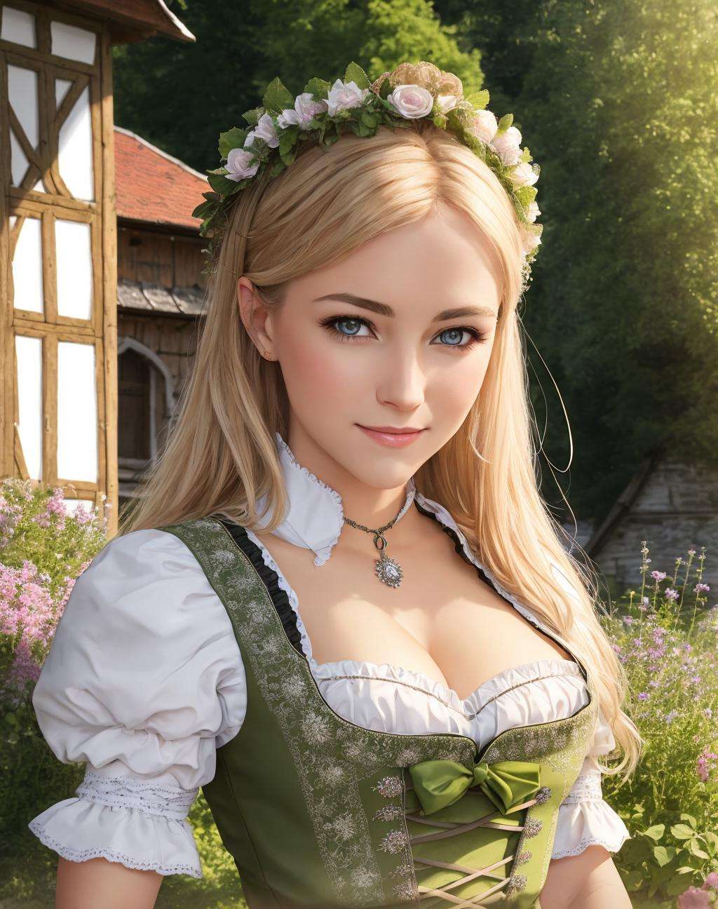 Masterpiece, absurdres, fine detail, HDR, highly detailed face and eyes, photorealistic,  <lora:dirndl:0.75>, dirndl, a woman in traditional bavarian dress poses for a picture , german woman, wearing a dirndl