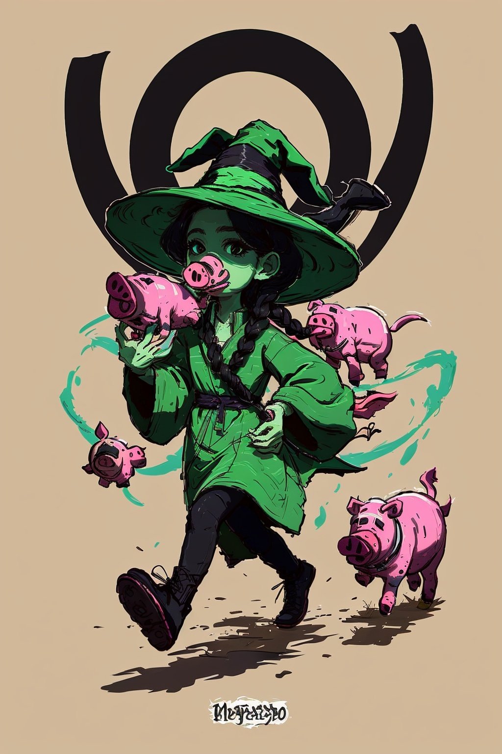 (masterpiece, best quality:1.5)<lora:EpicLogo-000008:0.8>, EpicLogo, ((running on a pig)), shining eyes, twin_braid, black hair, little girl, 10 years old, simple green witch's big hat and green robe, intricate details, 32k digital painting, 
