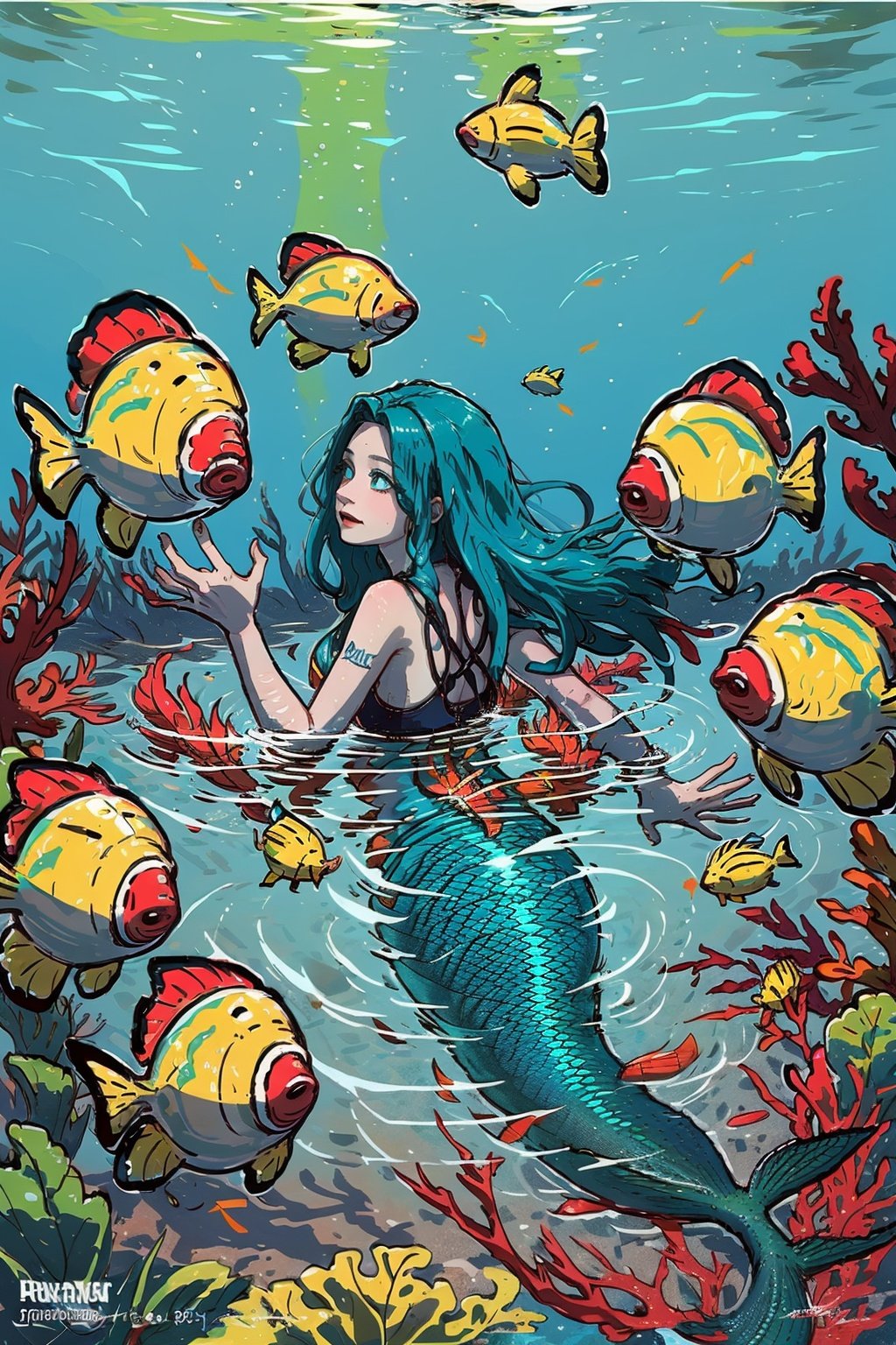 (masterpiece, best quality:1.5)<lora:EpicLogo-000008:0.8>, EpicLogo, Craft an enchanting image of a young and beautiful mermaid with a playful spirit. She possesses a cascade of sky-blue hair that flows in the water, and her aqua eyes sparkle with curiosity. The mermaid is surrounded by a vibrant underwater world, where colorful fish of various shapes and sizes swim around her. Capture the sense of joy and wonder as she interacts with the fish, their scales reflecting a mesmerizing array of hues. The scene is bathed in the gentle glow of sunlight filtering through the water, 