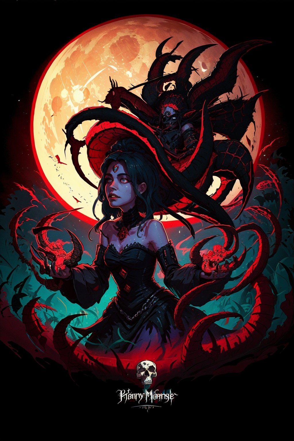 (masterpiece, best quality:1.5)<lora:EpicLogo-000008:0.8>, EpicLogo, woman in a dark forest with skulls and a full moon, dark goddess with six arms, lolth, dark fantasy concept art, dark fantasy art, dark fantasy horror art, in style of dark fantasy art, dark fantasy style art, eldritch goddess, goddess of the underworld, fantasy horror art, dark fantasy artwork, fantasy dark art, 
