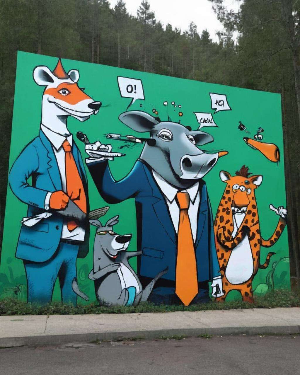 Graffiti with a witty twist:0.6, portraying a whimsical scene of animals:0.4 dressed in business attire, attending a board meeting in the forest:0.4, capturing the absurdity of corporate culture:0.3, rendered with playful and humorous details:0.2.<lora:Street_Art:1.0>