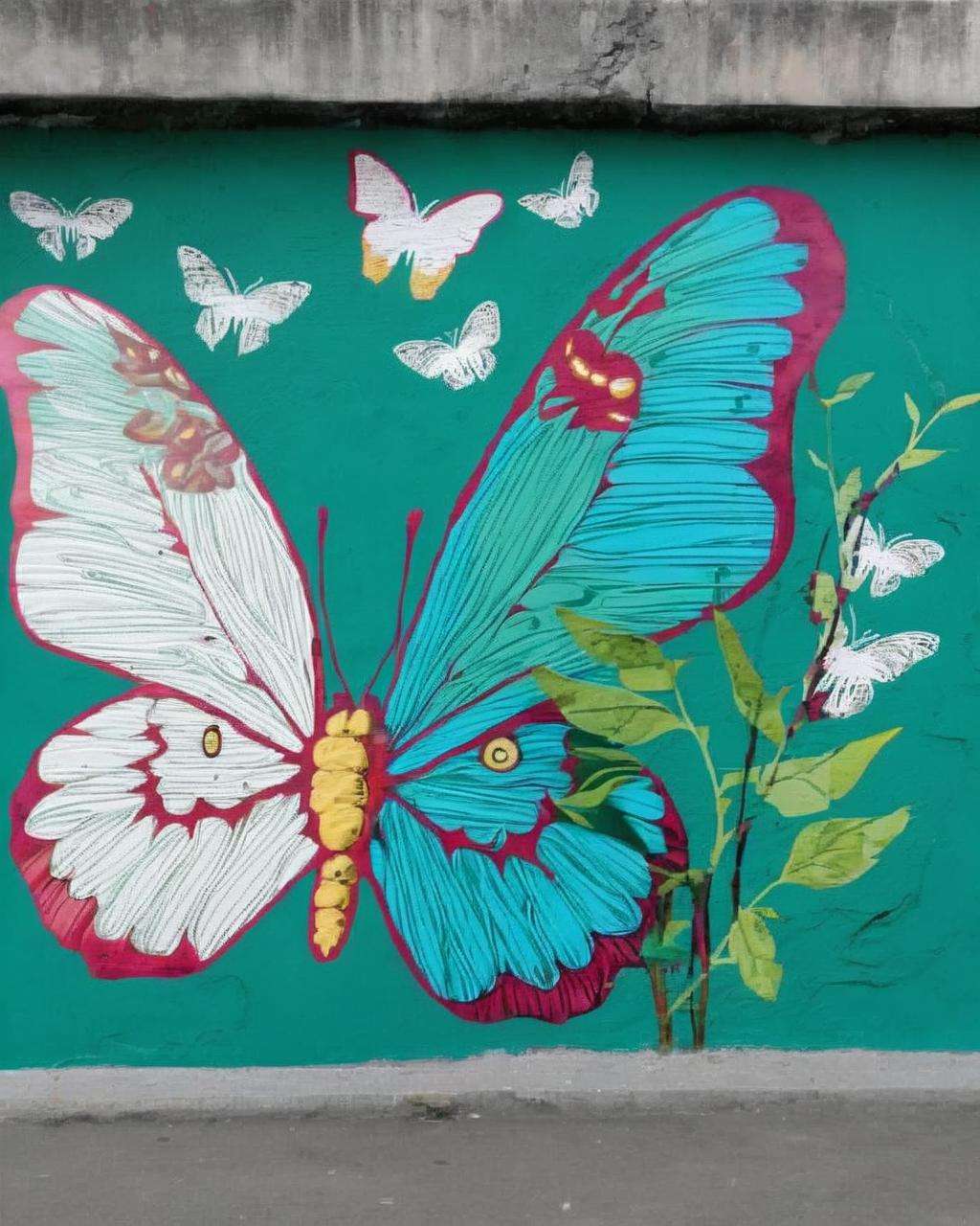 Street art with a message of environmental awareness:0.6, featuring a delicate butterfly:0.4 with wings composed of intricate flora and fauna:0.4, highlighting the beauty and fragility of nature:0.3.<lora:Street_Art:1.0>