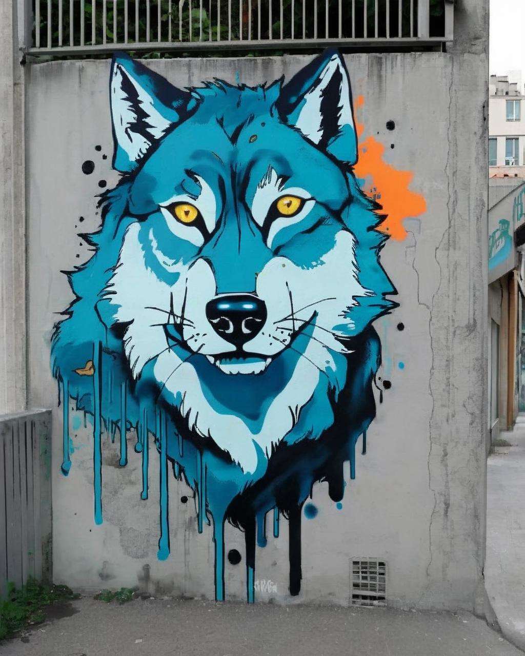 Street art that pays homage to nature:0.6, with a majestic, photorealistic wolf:0.4, its piercing eyes:0.4 gazing into the urban jungle, a symbol of untamed spirit:0.3 amidst concrete confines:0.2.<lora:Street_Art:1.0>