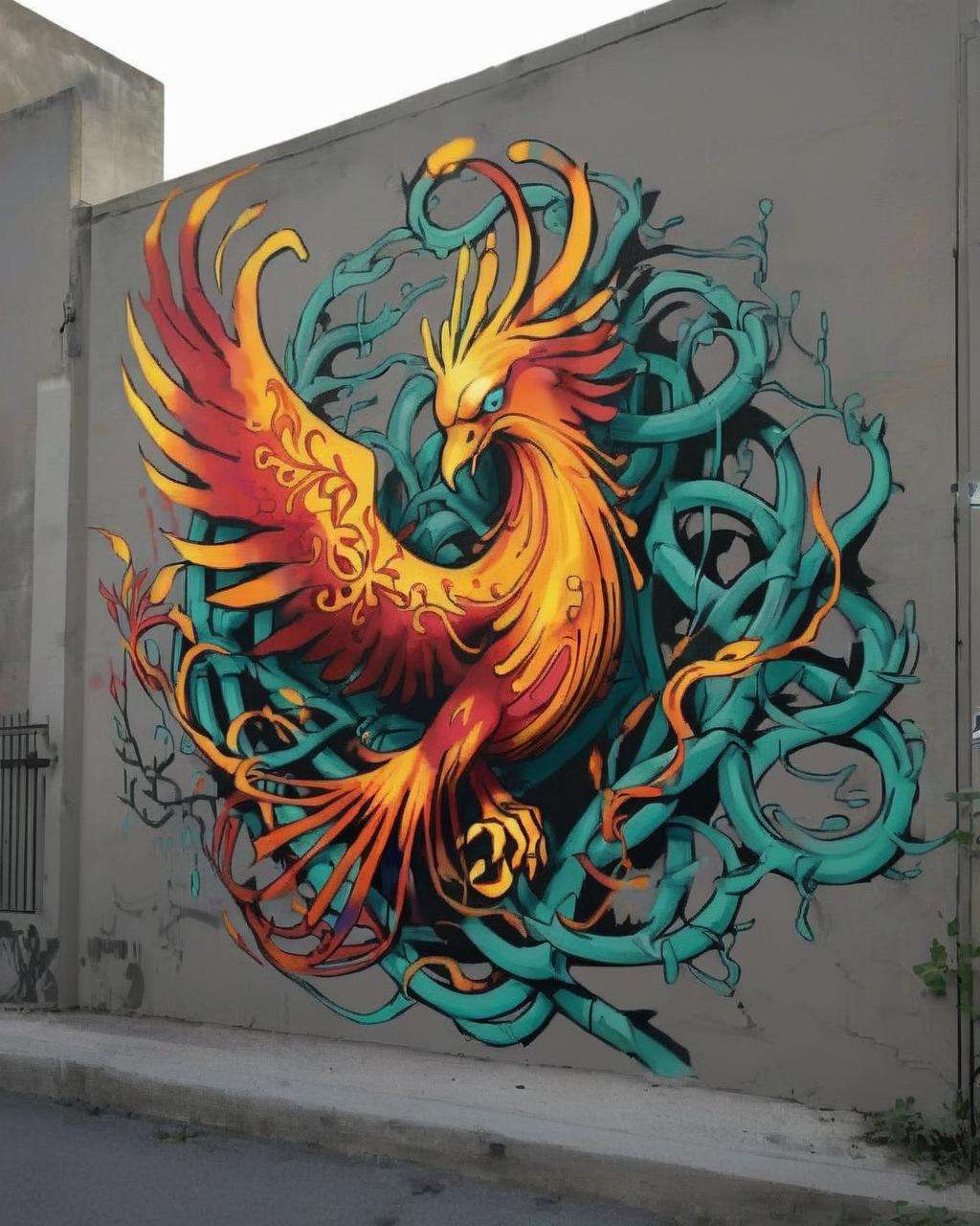 A graffiti masterpiece:0.6, depicting a fierce phoenix:0.4 emerging from a tangle of thorny vines:0.4, symbolizing resilience and renewal:0.3, rendered with bold and fiery brushwork:0.2.<lora:Street_Art:1.0>