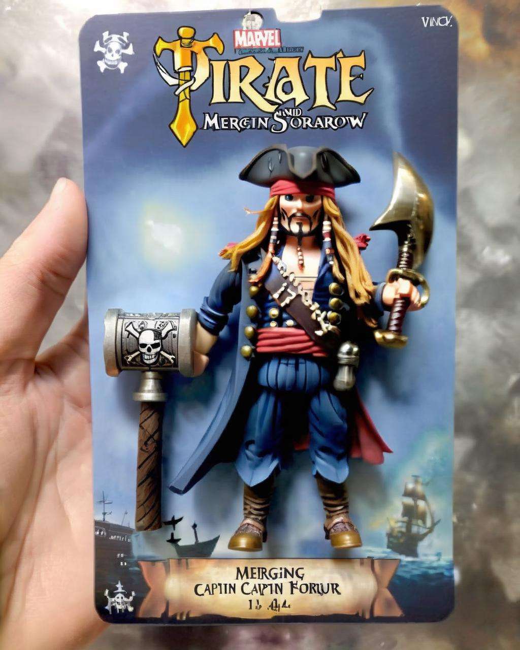 Thor-Pirate: Merging Thor and Captain Jack Sparrow, this figure wields Mjölnir:0.6 with a pirate's charm:0.4 on the high seas. <lora:Awe_Toys:1.0>