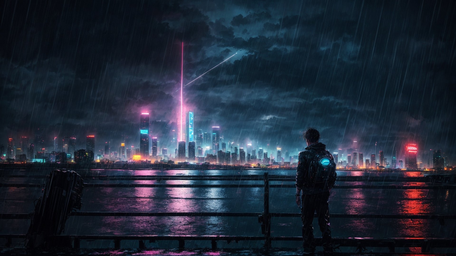 (masterpiece), (ultra detailed), (realistic), (50mm), (prime lens), 1boy, standing top of building, night city, neon light, buildings, beautiful view, raining, water drops, dynamic angle, lofi,EpicSky,ink scenery,6000,cyberpunk style, The sea exposed to nuclear radiation,