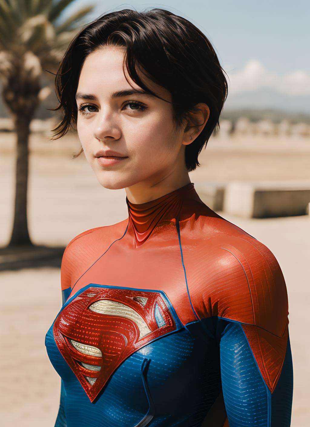photo of supergirl, short hair, bodysuit, outdoors sunny day, background battle, analog style (look at viewer:1.2) (skin texture), Fujifilm XT3, DSLR, 50mm  <lora:Sasha Calle SupergirlV2:0.85>