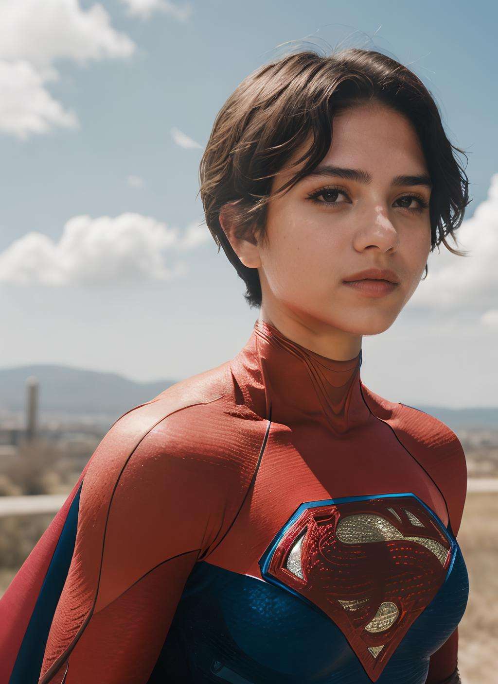 photo of supergirl, short hair, bodysuit, cape, outdoors sunny day, background sky, analog style (look at viewer:1.2) (skin texture), Fujifilm XT3, DSLR, 50mm  <lora:Sasha Calle Supergirl:0.85>