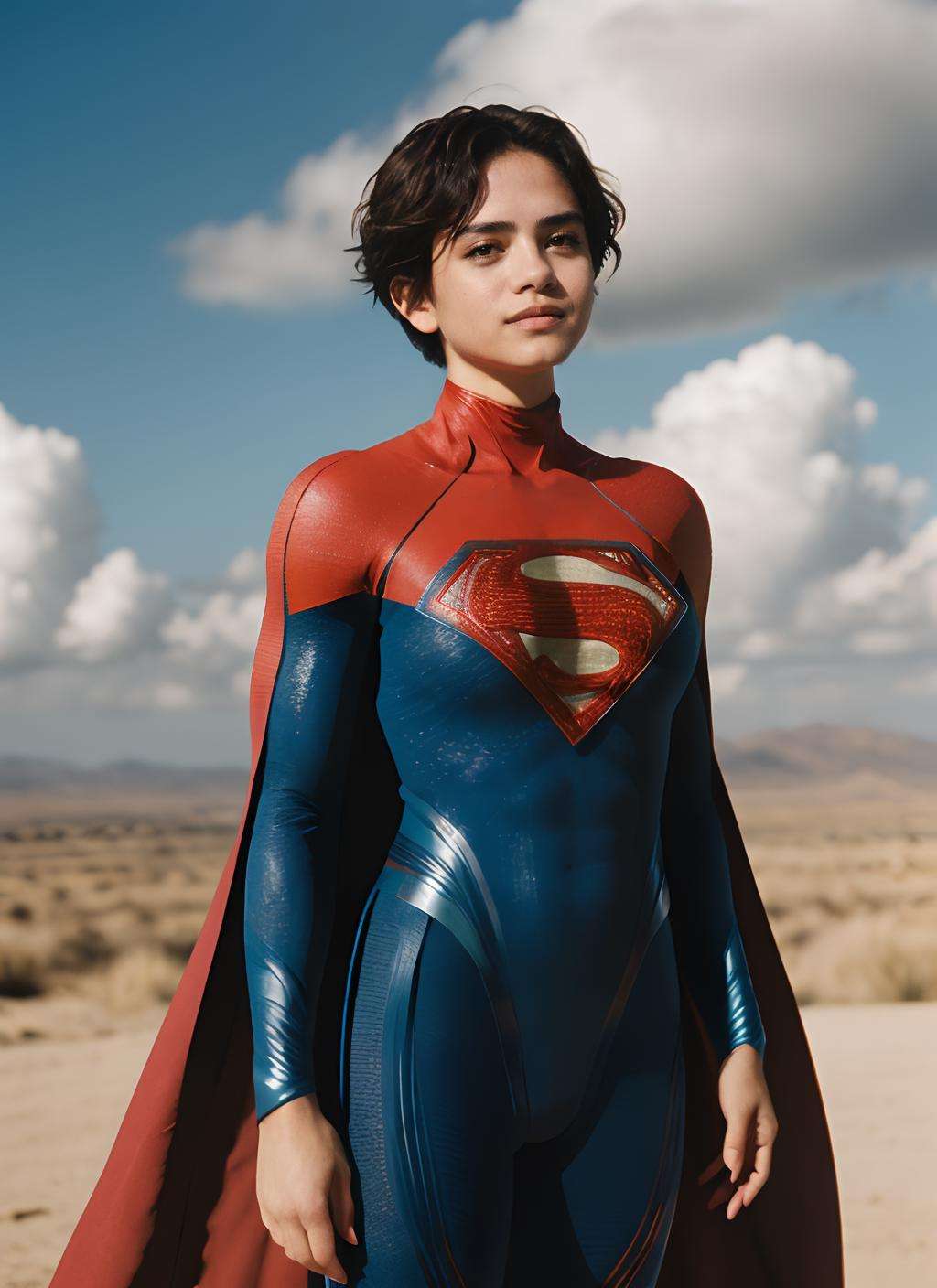 photo of supergirl, short hair, bodysuit, cape, outdoors sunny day, background sky, analog style (look at viewer:1.2) (skin texture), Fujifilm XT3, DSLR, 50mm  <lora:Sasha Calle Supergirl:0.85>