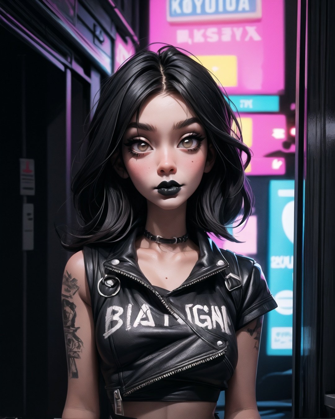 (masterpiece, best quality), 1girl, 22 years old,    punk,  black hair, black lipstick, background neon lights 