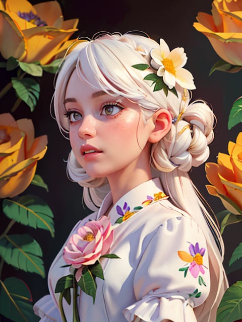 1girl, ((best quality, masterpiece)), (sketch, oil painting:1.3), (ultra detailed, photoreal, realistic:1.2), 1girl, white hair, profile, (many flowers:1.4), her hair from flowers, (hair of flower:1.3), pink white rose , bouquet, school uniform
,Halloween,orange,bats,halloween pumpkin,full moon,bat,More Detail),More Detail