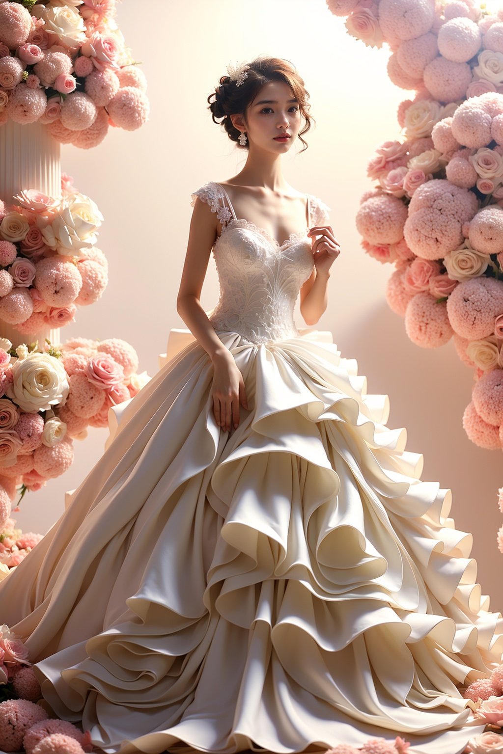 1girl, luxurious wedding dress, dreamy scene, white background, sunlight, front viewer, looking at viewer, <lora:wedding:0.8>