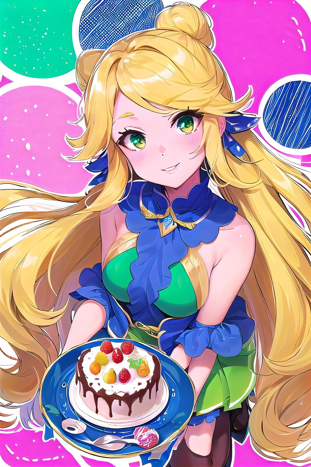 (Masterpiece,  Best Quality),  highres,  Manga,  (2d),  (Traditional Media:1.2),  (outline,  aura,  glow),  official art 1girl,  (solo),  dynamic,  portrait,  retro artstyle,  a cartoon character (woman) on a colorful background sitting on a delicious drizzling cake,  art by ro_g_(oowack),  wide shot,  mature female,  fire emblem heroes,  [outline],  (upper body),  Maximum yellow hair,  Green Lizard eyes,  (detailed deep eyes),  tsurime,  (lips,  nose,  long face:1.2),  aged up,  elegant,  curvy,  medium breasts,  medium-length messy hair,  (long sidelocks),  fringe trim,  expressive,  Ayami Kojima,  light smile,  translucent skirt,  appliques,  candy trim,  bubblegum,  blush,  surprised,  treats,  chocolate bar,  [fruits],  high detail illustration,  lineart,  space art,  pool of honey and syrup,  [confetti],  ice cream,  candy_hair_ornament,  wrapped candy,  sweet,  fluffy capelet,  frills,  cute fantasy,  shiny,  cinematic lighting:1.1,  scenery,  (glaze),  bare shoulders,  high heel boots,  lace trim,  contrast,  extremely detailed,  intricate,  (Details:1.2),  Clothing style,  Clothing print,  (alternate costume:1.1),  full body,  (transparent background:1.2),  floating particles,  pop art, <lora:EMS-36517-EMS:-0.400000>