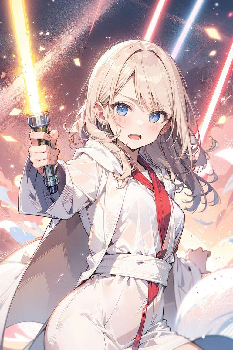 absurdres, highres, ultra detailed, 1girl, white robe, small breasts, BREAK, <lora:1024_Lion_LyCORIS_loha:0.90> light_saber, holding weapon,dynamic pose, 