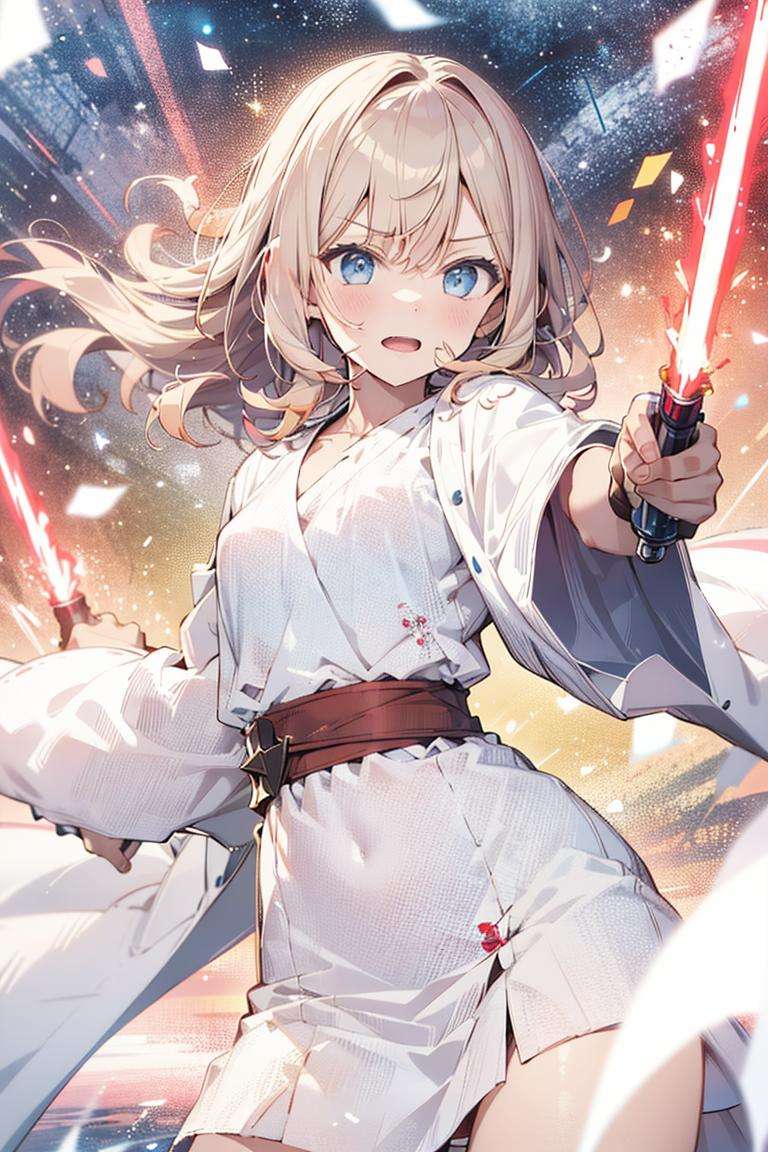 absurdres, highres, ultra detailed, 1girl, white robe, small breasts, BREAK, <lora:1024_Lion_LyCORIS_loha:0.90> light_saber, holding weapon,dynamic pose, 