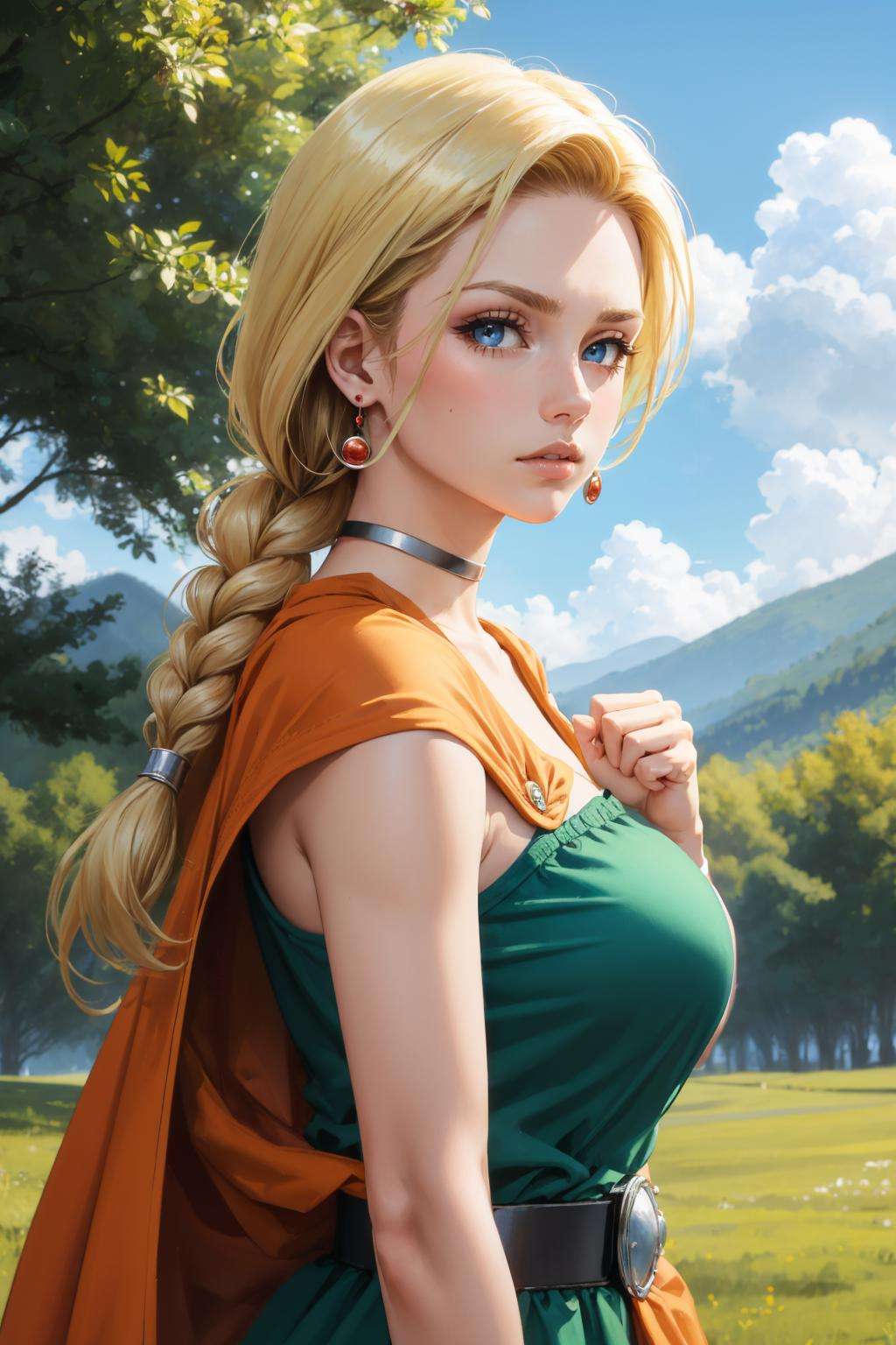 masterpiece, best quality, dqBianca, single braid, earrings, choker, orange cape, green dress, belt, looking at viewer, large breasts, upper body, from side, furrowed brow, fist, closed mouth <lora:dqbianca-nvwls-v1-000010:0.9>