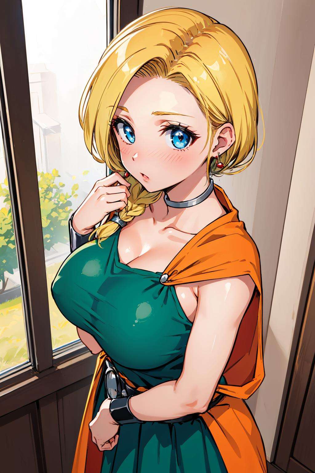 masterpiece, best quality, dqBianca, single braid, earrings, choker, orange cape, green dress, belt, looking at viewer, huge breasts, from above, surprised, blushing, indoors <lora:dqbianca-nvwls-v1-000010:0.9>