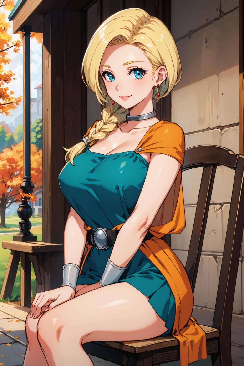 masterpiece, best quality, dqBianca, single braid, earrings, choker, orange cape, green dress, belt, looking at viewer, large breasts, sitting, chair, porch, autumn, smile <lora:dqbianca-nvwls-v1-000010:0.9>