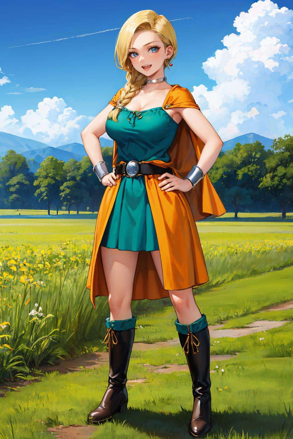 masterpiece, best quality, dqBianca, single braid, earrings, choker, orange cape, green dress, belt, looking at viewer, large breasts, hands to hips, boots, smirk, open mouth, furrowed brow, smile, sky, clouds, fields <lora:dqbianca-nvwls-v1-000010:0.9>