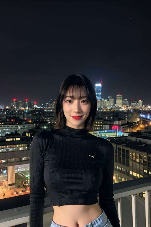 Fujifilm XT3, 8k,close up photo, masterpiece, best quality, (((1girl))), solo,realistic, ((looking at viewer)), photorealistic, (extremely detailed face), looking at viewer, ((ultra-detailed eyes and pupils)), ultra detailed, serious expression, cropped top,shirts, ((standing against a city skyline at night)), (rooftop), crop top, ((navel)), smile, short hair, bangs, <lora:riinalorashy:1>