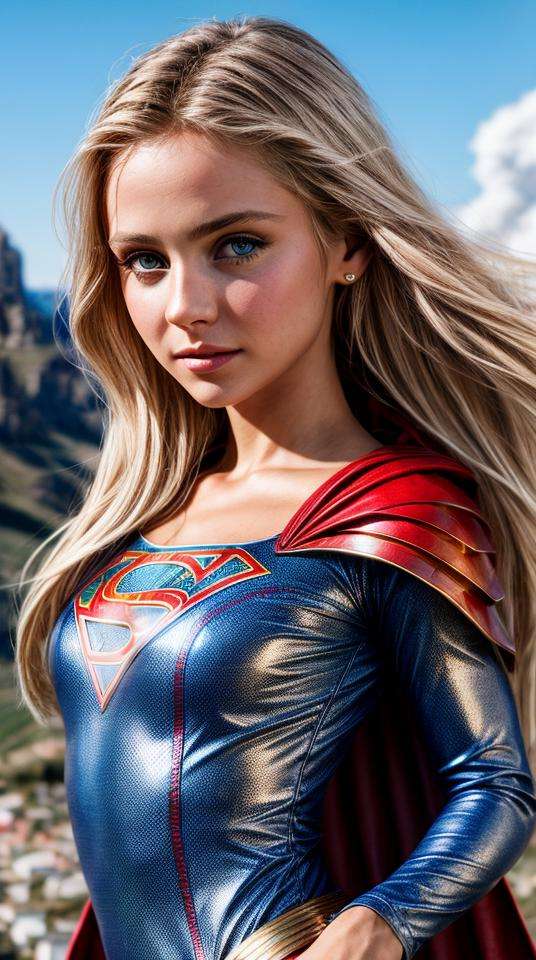 Closeup fullbody portrait of (teeny) Supergirl, blonde long hair flying in the skyes, intricate background, atmospheric scene, masterpiece, best quality, (detailed beautiful face, detail skin texture, ultra-detailed body:1.1), fantasy, feminine+, shiny wet skin, looking at viewer, modelshoot style, (extremely detailed CG), photo of beautiful artwork, High Detail, Sharp focus, dramatic+, (photorealistic), Intricate, handsome, (((film grain)))
