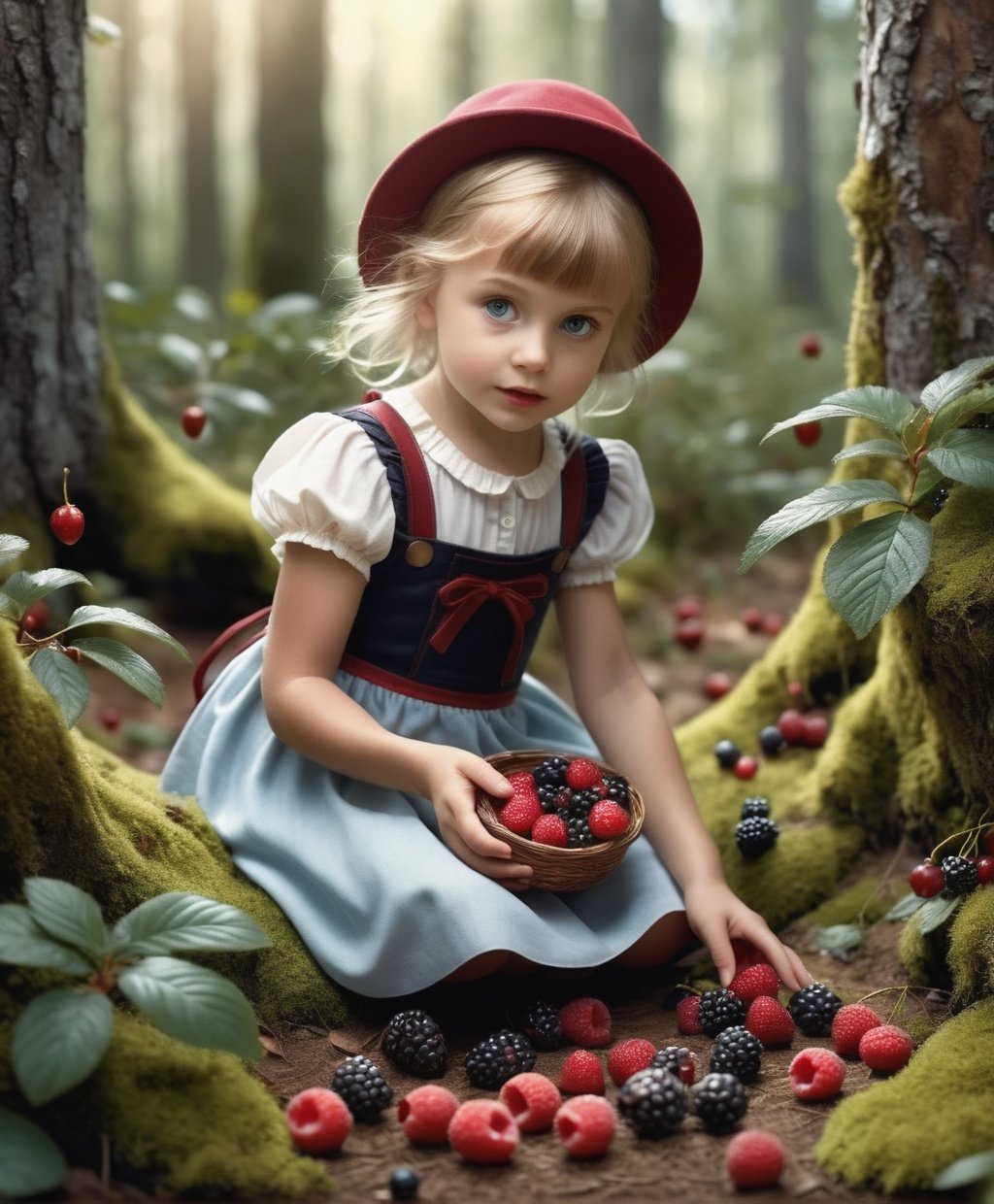 chibi a little girl picking berries in a magical forest, ultra realistic, photo realistic, surrealism, fantasy, detail,