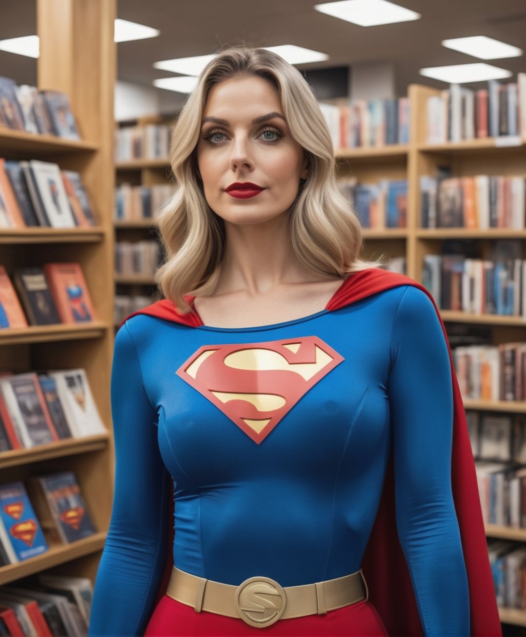 a woman in a superman costume and superman cape standing bookstore, in the style of 1970–present, amanda sage, photo gifs, hinchel or, captivating