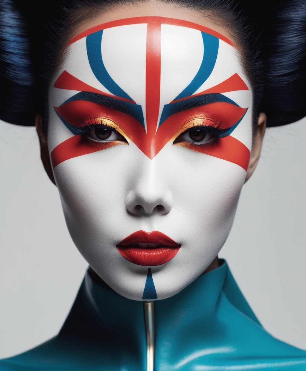 crossed colors, in the style of modern and sleek, in the style of twisted afrofuturism design, bold color combinations, minimal retouching, geisha, symmetrical harmony  minimalist beauty, body art, minimalistic Japanese cultural themes, harmonious coloration, exaggerated facial features, porcelain makeup on her face, symmetrical design