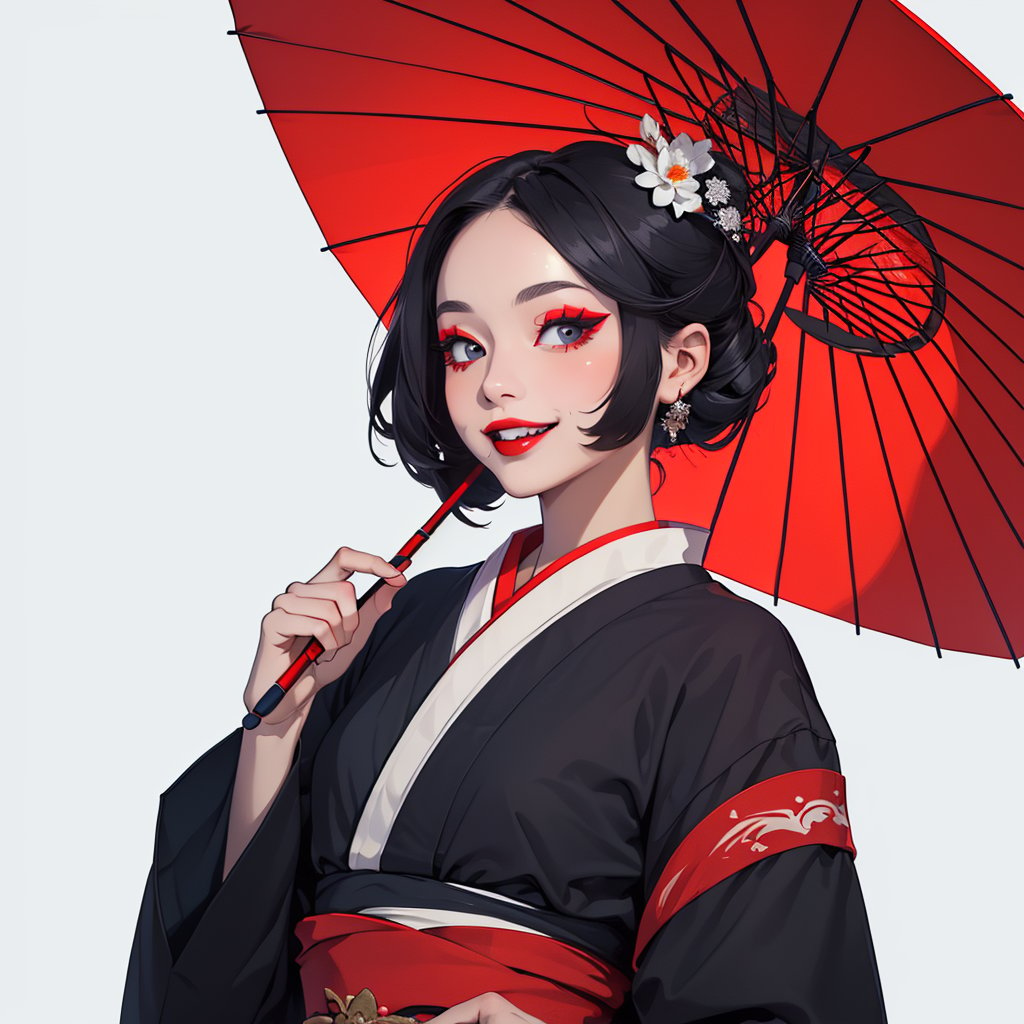 (masterpiece,  best quality:1.5), official art,  (incredibly absurdres),  unity 32k wallpaper,  ultra-detailed, surreal,  intricate details, concept art, flash art, flat image,1girl, geisha, holding, umbrella, evil smile, pointy_teeth, make up, dynamic pose,cutestickers