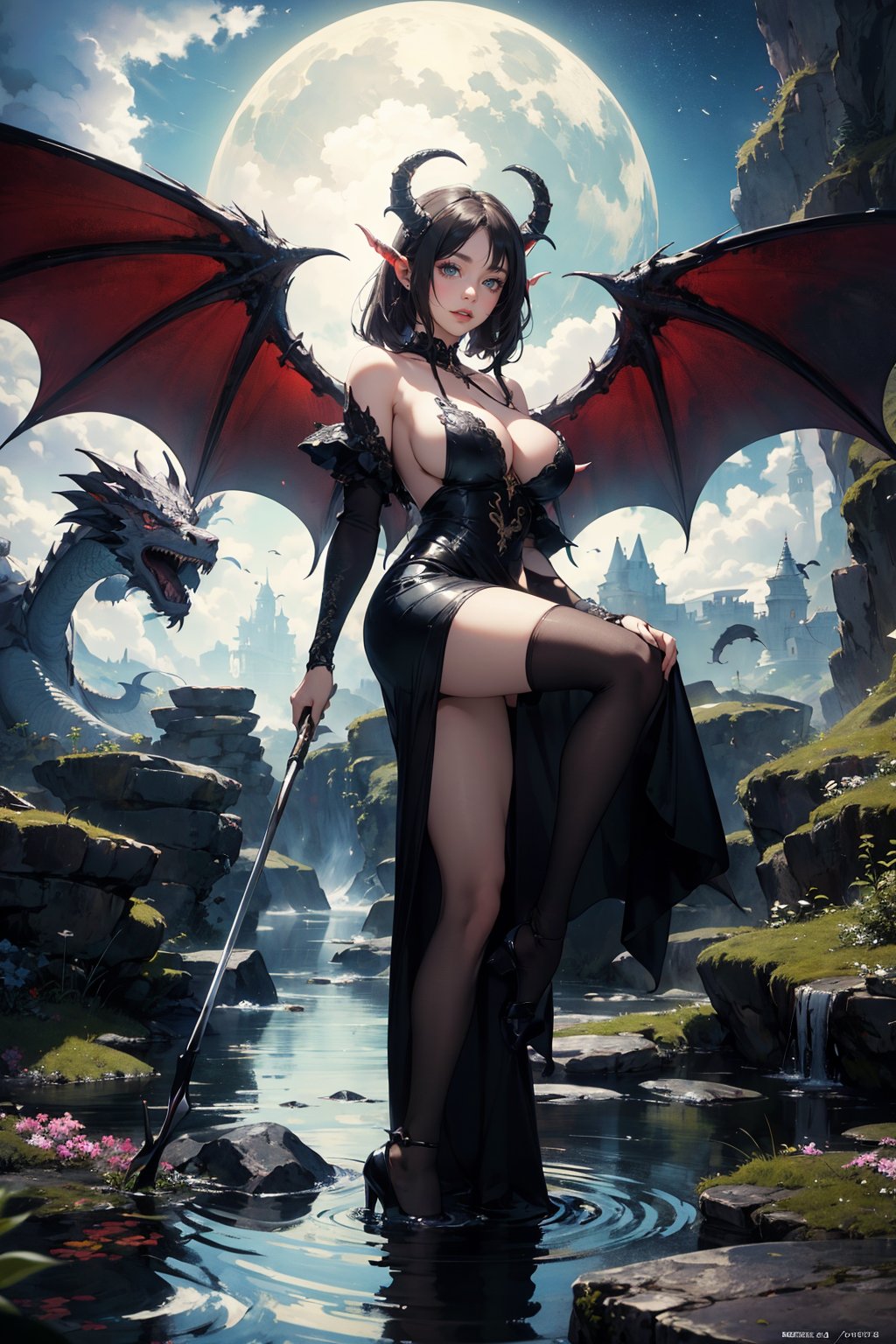 (masterpiece,  best quality:1.5), official art,  (incredibly absurdres),  unity 32k wallpaper,  ultra-detailed, surreal,intricate details,1girl, succubus, dragon horns, dragon wings, holding, scythe ,long dress, bare back, pointy_teeth, make up, (((large_breasts))), water, pond, rock, green smoke, green stream, night_sky
