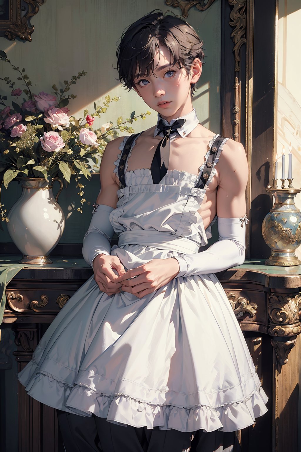 (masterpiece,  best quality:1.5),  (realistic:1.3),  official art,  (incredibly absurdres),  unity 32k wallpaper,  ultra-detailed,  surreal,  intricate details,  detailed background, (1boy:1.8),  maid, (maid_dress),(((bare_shoulder))), (apron), stockings, high_heels 