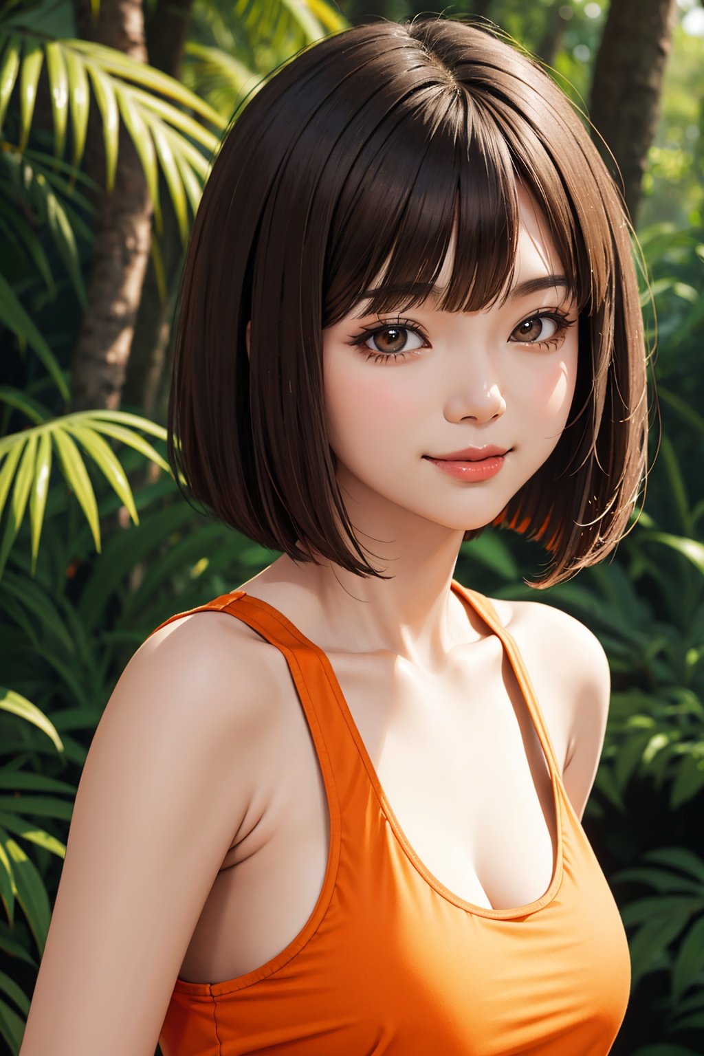 asian woman, brown hair, bob cut, smile, (orange camisole), close-up, forest background