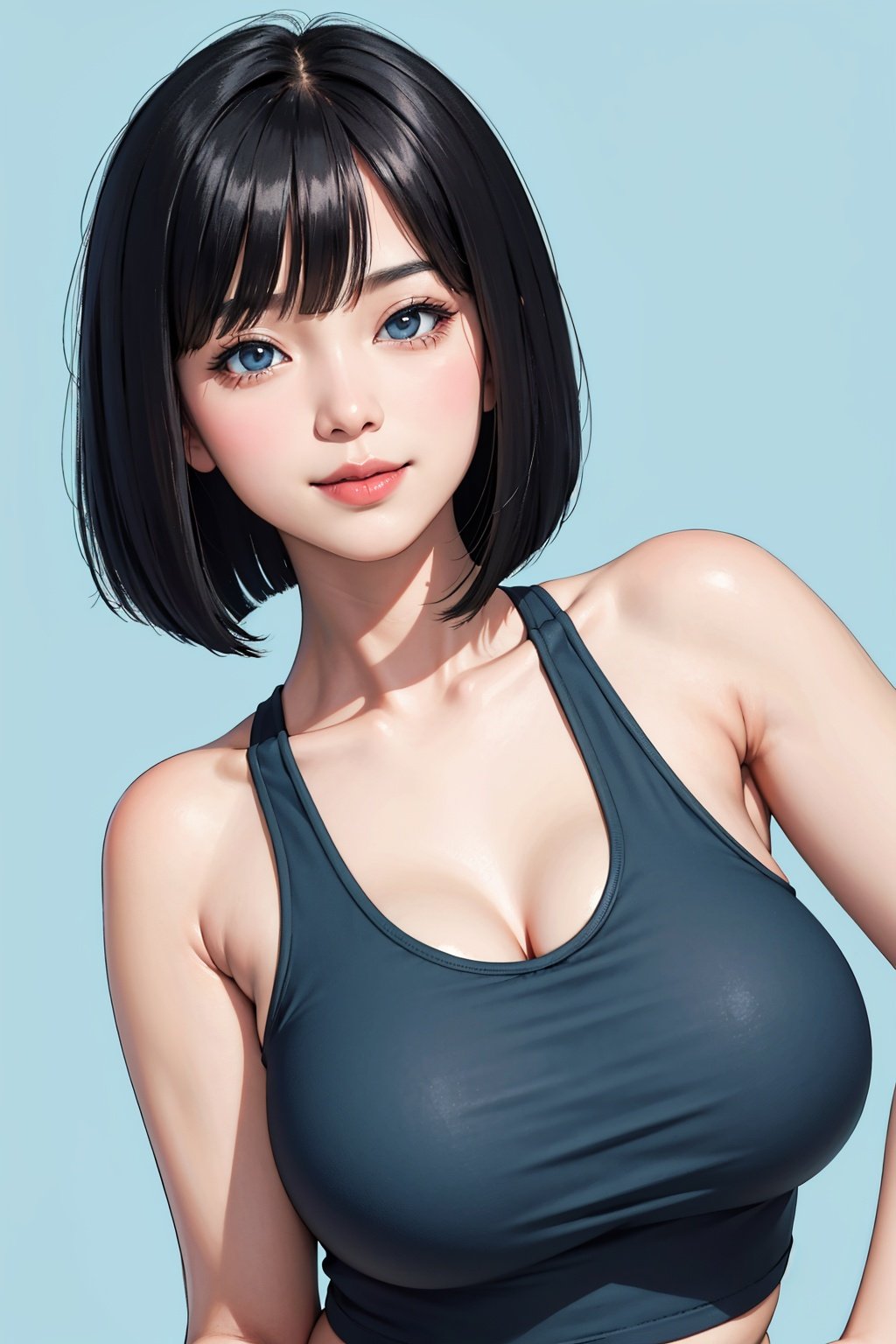 asian woman, bob cut, close-up, smile, large breast, (black tank top), (pastel blue background)