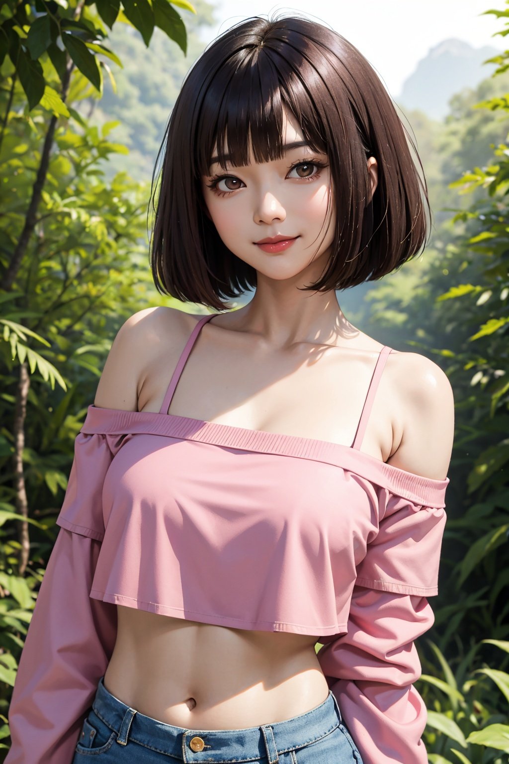 asian woman, brown hair, bob cut, smile, pink crop top, off-shoulder, close-up, forest background