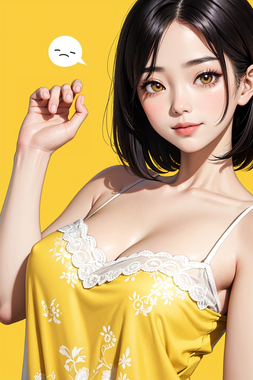 asian woman, medium hair, close-up, smile, (white lace camisole), (yellow background)