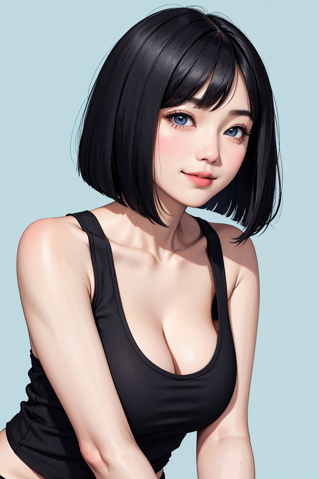 asian woman, bob cut, close-up, smile, large breast, (black tank top), (pastel blue background)