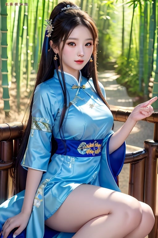 masterpiece,  best quality,  best photography,  1girl,  big brests,  blue chinese traditional short dress,  white long hair,  jewelry,  hairpins,  fantasy_princess,  asian girl,  short skirt,  look at camera,  bamboo forest background, <lora:EMS-19867-EMS:0.800000>