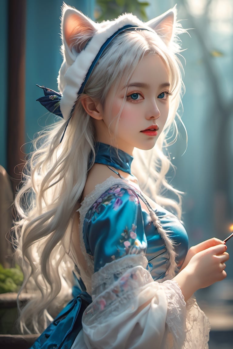 Solo,  anime girl,  full body,  young adult body,  medium chest,  white Witch dress,  white witch hat,  Hyperdetailed magic school background, Detailed medium white hair braid,  hair braid,  Blue Cat ears,  beautiful,  Detailed eyes,  blue eyes,  Side view,  torso shot from waist,  Thick lineart,  Anxious,  Hyperdetailed natural light,  detailed reflection light,  volumetric lighting maximalist photo illustration 64k,  resolution high res intricately detailed complex,  key visual,  precise lineart,  vibrant,  panoramic,  cinematic,  masterfully crafted,  64k resolution,  beautiful,  stunning,  ultra detailed,  expressive,  hypermaximalist,  colorful,  rich deep color,  vintage show promotional poster,  glamour,  anime art,  fantasy art,  brush strokes, ,  16k,  UHD,  HDR, (Masterpiece:1.5),  Absurdres,  (best quality:1.5),  Anime style photo,  Manga style,  Digital art,  glow effects,  Hand drawn,  render, octane render,  cinema 4d,  blender,  dark,  atmospheric 4k ultra detailed,  cinematic sensual,  Sharp focus,  hyperrealistic,  big depth of field,  Masterpiece,  colors,  3d octane render,  concept art,  trending on artstation,  hyperrealistic,  Vivid colors, ,  modelshoot style,  (extremely detailed CG unity 8k wallpaper),  professional majestic oil painting by Ed Blinkey,  Atey Ghailan,  Studio Ghibli,  by Jeremy Mann,  Greg Manchess,  Antonio Moro,  trending on ArtStation,  trending on CGSociety,  Intricate,  High Detail,  Sharp focus,  dramatic,  photorealistic painting art, beautymix, <lora:EMS-19731-EMS:0.400000>, , <lora:EMS-24076-EMS:0.800000>