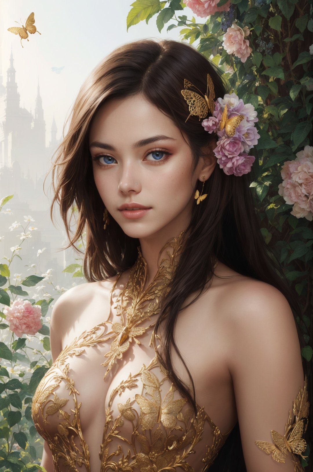 8k portrait of beautiful cyborg with brown hair,  intricate,  elegant,  highly detailed,  majestic,  digital photography,  art by artgerm and ruan jia and greg rutkowski surreal painting gold butterfly filigree,  (masterpiece,  sidelighting,  finely detailed beautiful eyes: 1.2),  hdr,  plants and flowers:0.7)  tarzan dress,  half body