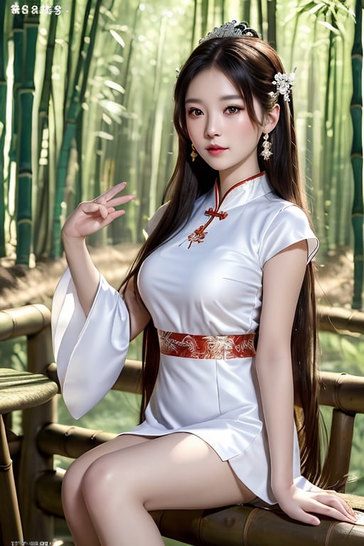 masterpiece,  best quality,  best photography,  1girl,  big brests,  white chinese traditional short dress,  white long hair,  jewelry,  hairpins,  fantasy_princess,  asian girl,  short skirt,  look at camera,  bamboo forest background, <lora:EMS-19867-EMS:0.800000>