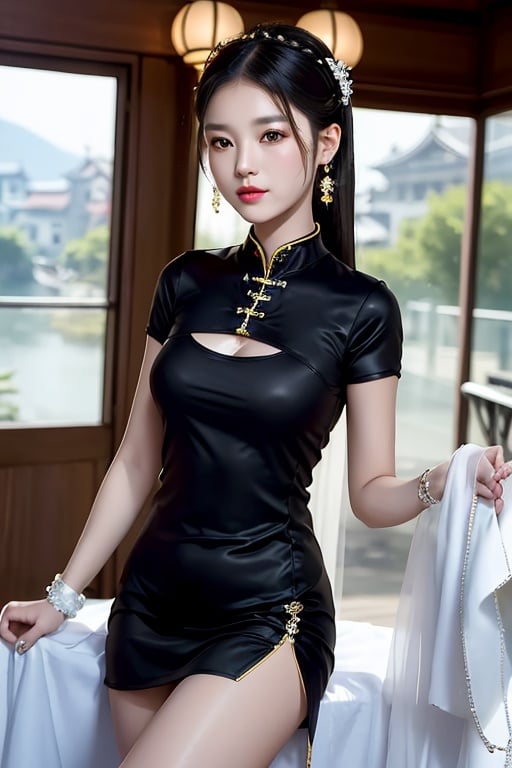 masterpiece,  best quality,  best photography,  1girl,  big brests,  black chinese traditional short dress,  white long hair,  jewelry,  hairpins,  fantasy_princess,  asian girl,  short skirt,  look at camera, <lora:EMS-19867-EMS:0.800000>