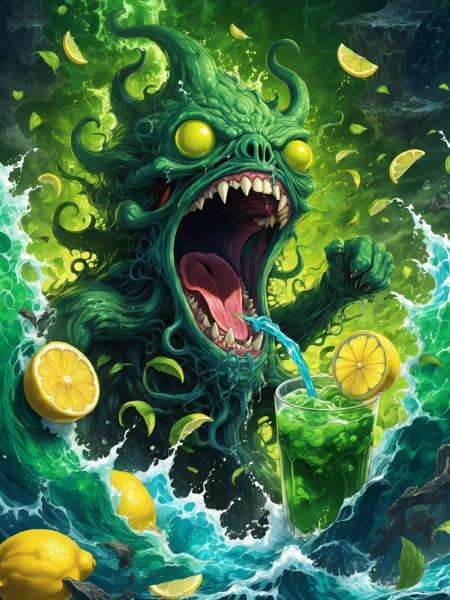 anime artwork Kool aide man chuthulu yelling "Oh yeah!" and crashing through the abyss, eldritch abomination, the old god, green, hyper detailed, refreshing drink, blue drink, lemon slice . anime style, key visual, vibrant, studio anime, highly detailed<lora:xl_more_art-full-beta2:1>