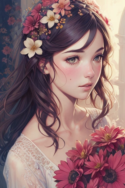 1girl,  hair decorated_flowers,  HD,  detailedart by guillermo del toro,  Illustration art_Hiroaki Samura