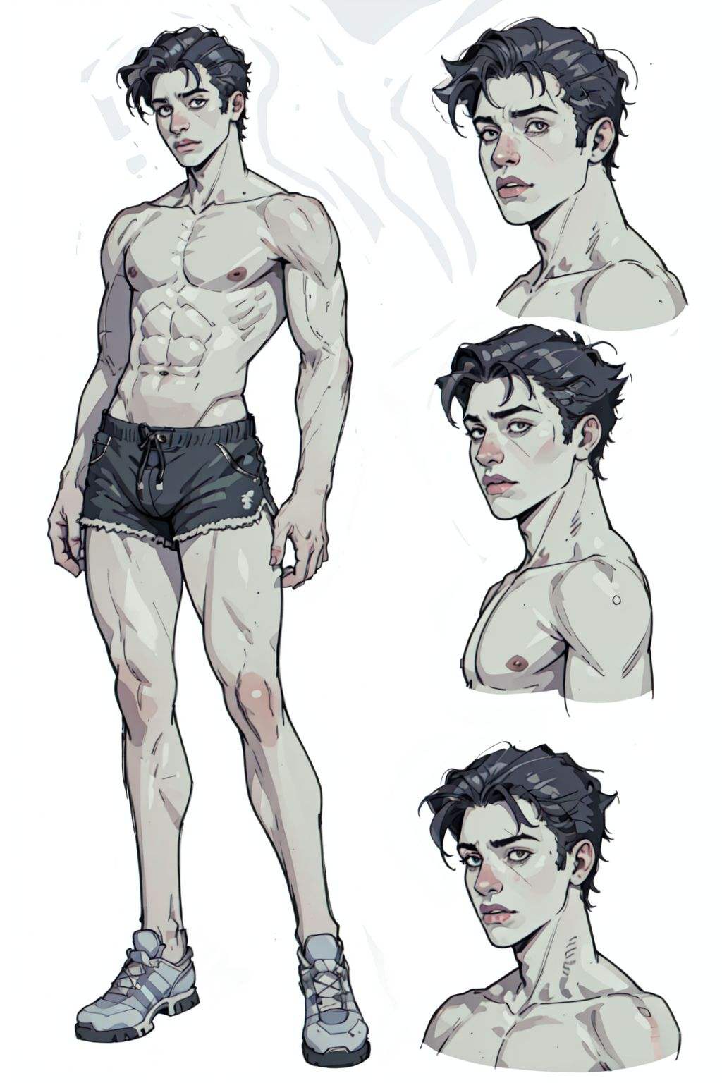 1boy, shorts, white background,  <lora:multiple views, full body, upper body, reference sheet style:.7> multiple views, full body, upper body, reference sheet style